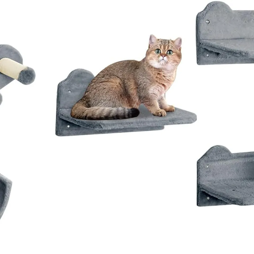 Boxed PawHut 4PCs Wall Mounted Cat Tree Cat Wall Shelves Furniture Climbing Shelf Set Kitten Activity Centre with Hammock, Scratching Post - Grey