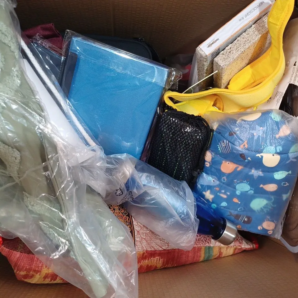BOX OF APPROXIMATELY 20 ASSORTED HOUSEHOLD ITEMS TO INCLUDE ELBOW & WRIST WRAP, HOME DIRECT PVC TABLECLOTH, ETC