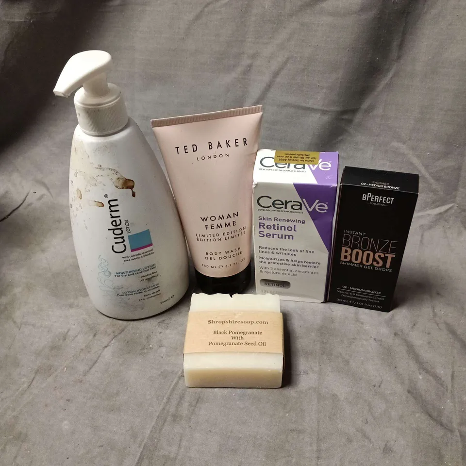 APPROXIMATELY 20 ASSORTED COSMETIC ITEMS TO INCLUDE CERA VE RETINOL SERUM, BPERFECT BRONZE BOOST, TED BAKER WOMAN FEMME BODY WASH, CUDERM LOTION, SOAP ETC