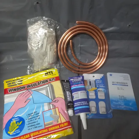 APPROXIMATELY 15 ASSORTED HOUSEHOLD PRODUCTS TO INCLUDE PIPING, SILICONE SEALANT, WINDOW INSULATION KIT ETC