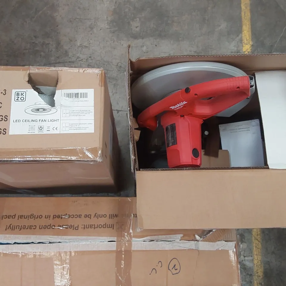 PALLET OF ASSORTED ITEMS INCLUDING: MAKITA PORTABLE CUT OFF SAW, BEDSIDE TABLE, CAMPING CHAIR, LED CEILING FAN LIGHT, MINI RICE COOKER ECT