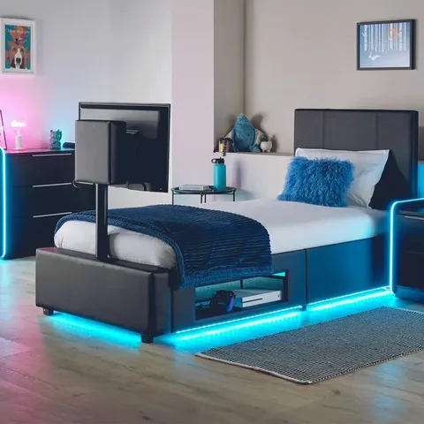 BOXED XR LIVING AVA UPHOLSTERED TV BED WITH LED LIGHTS - SINGLE 3FT - BLACK (1 BOX)