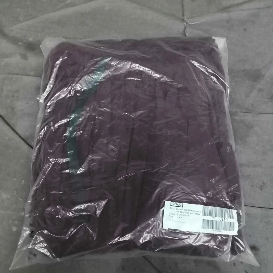 BAGGED LACE & BEADS BRIDESAID ONE SHOULDER MAXI DRESS IN BURGUNDY - UK 14