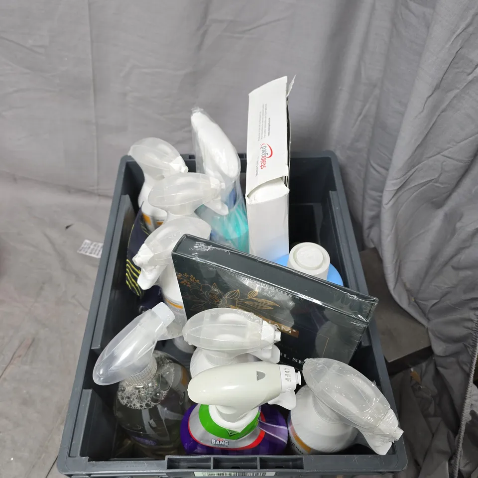 TOTE OF APPROXIMATELY 15 LIQUID ITEMS TO INCLUDE: PINK STUFF AND FLOOR CLEANER