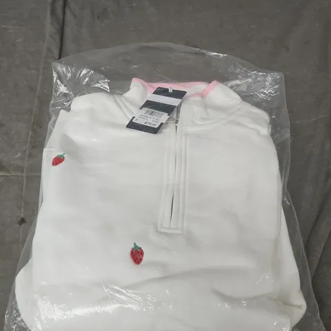 CREW CLOTHING COMPANY  EMBROIDERED HALF-ZIP SWEATSHIRT – WHITE WITH STRAWBERRY MOTIFS - SIZE 8