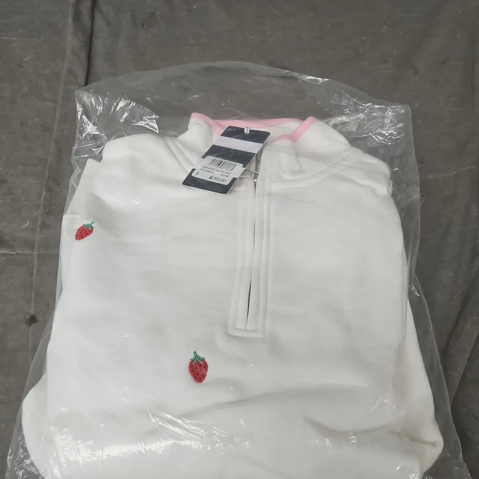 CREW CLOTHING COMPANY  EMBROIDERED HALF-ZIP SWEATSHIRT – WHITE WITH STRAWBERRY MOTIFS - SIZE 8