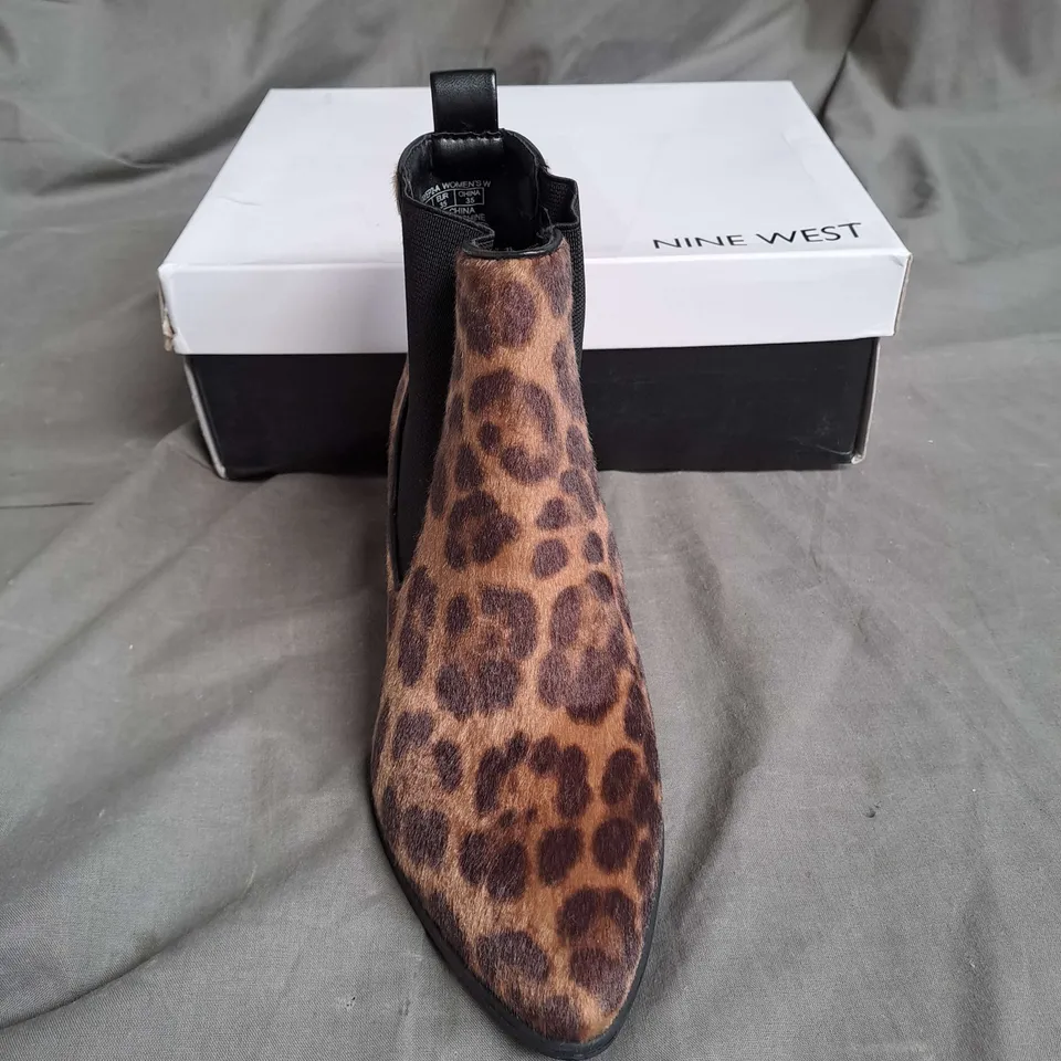 BOXED PAIR OF NINE WEST SYNTHETIC ANKLE BOOTS IN LEOPARD SIZE EU 35