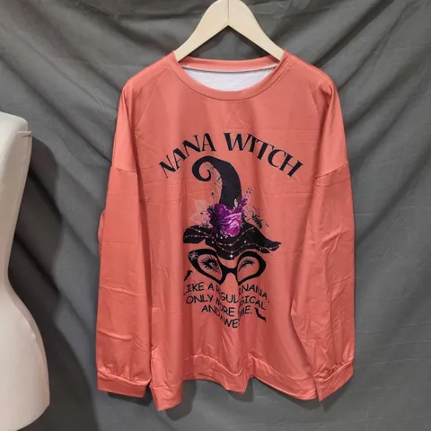 NANA WITCH CORAL PINK LONG-SLEEVE TOP – GRAPHIC PRINT, WOMENS SIZE L 