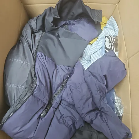 LARGE BOX OF APPROXIMATELY 20 ASSORTED CLOTHING ITEMS IN VARIOUS SIZES, STYLES AND COLOURS