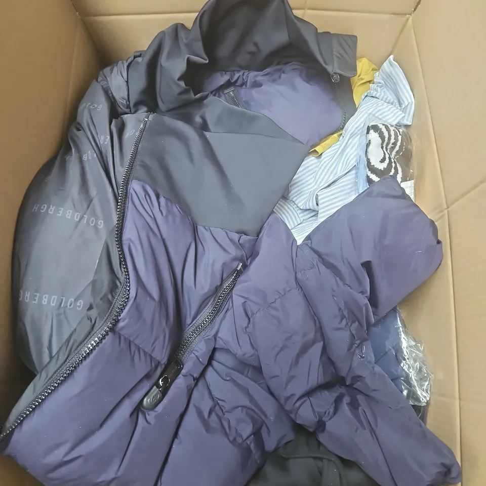 LARGE BOX OF APPROXIMATELY 20 ASSORTED CLOTHING ITEMS IN VARIOUS SIZES, STYLES AND COLOURS