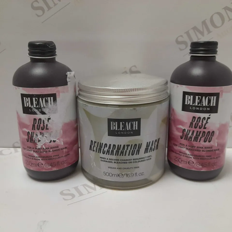LOT OF 3 ASSORTED BLEACH LONDON PRODUCTS TO INCLUDE REINCARNATION MASK 500ML, 2 X 250ML ROSE SHAMPOO - COLLECTION ONLY 