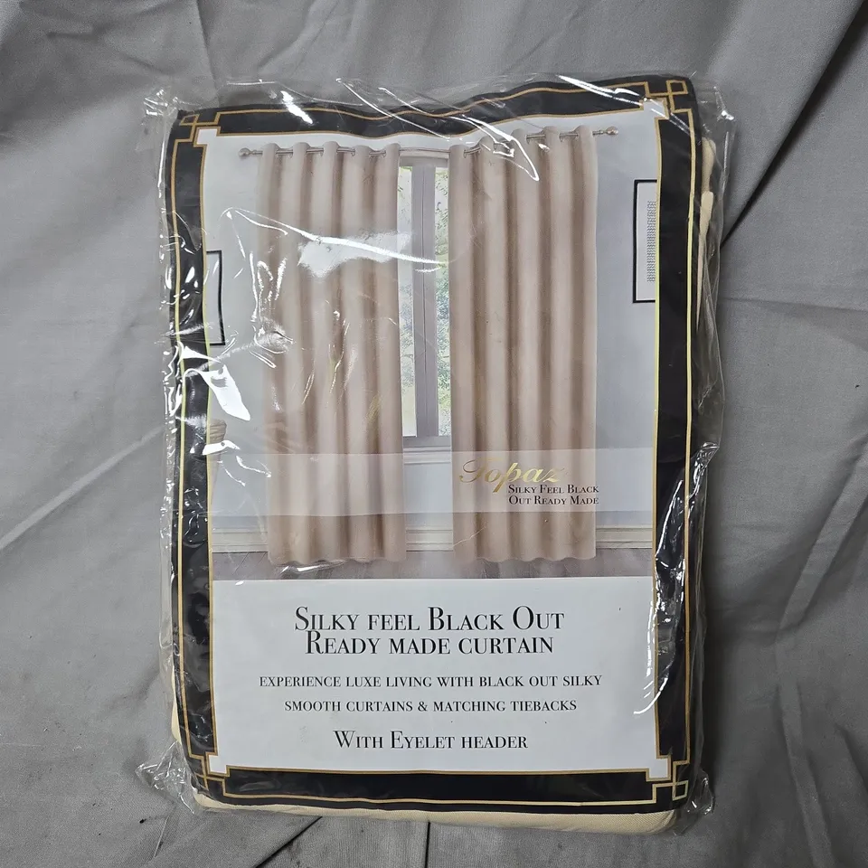 TOPAZ HOME EYELET CURTAINS – SILK-FEEL BLACKOUT, BEIGE, ONE PAIR, 66 X 72 IN (167 X 182 CM)