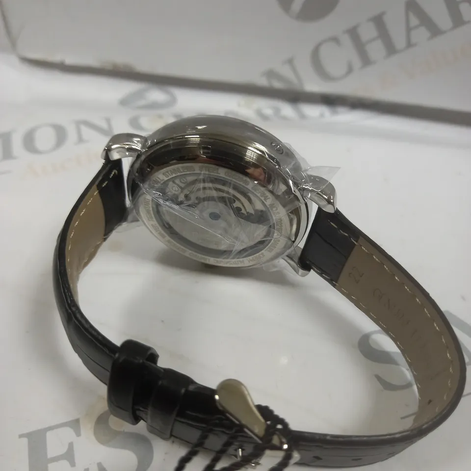 BOXED SAMUEL JOSEPH AUTOMATIC STEEL BLACK WATCH WITH LEATHER STRAP