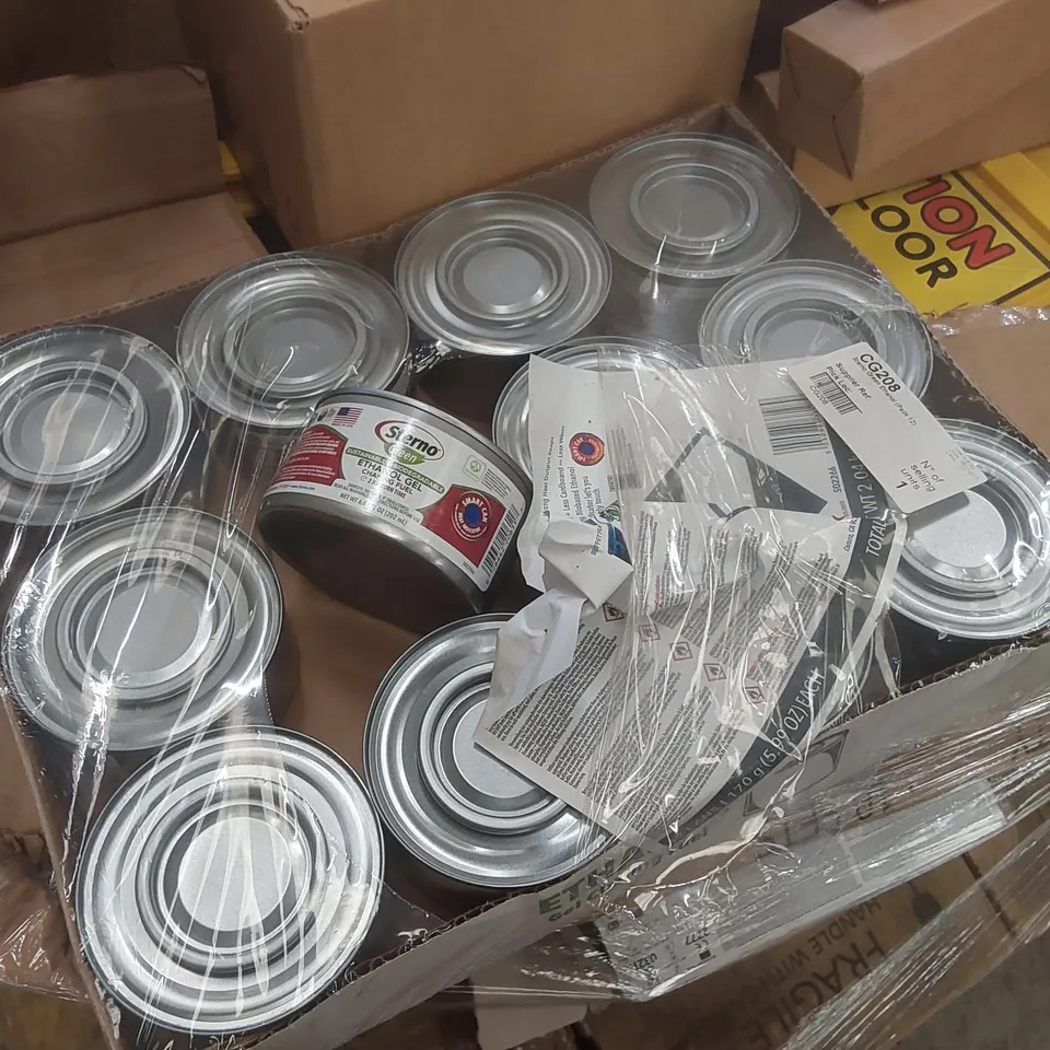 PALLET CONTAINING A VERY LARGE QUANTITY OF ASSORTED BRAND NEW CATERING ITEMS INCLUDING: JANTEX WATER FILTER CARTRIDGES, STERNO GREEN ETHANOL GEL CHAFING FUEL, CATERING CLOTHING, STEELITE DISHES ECT