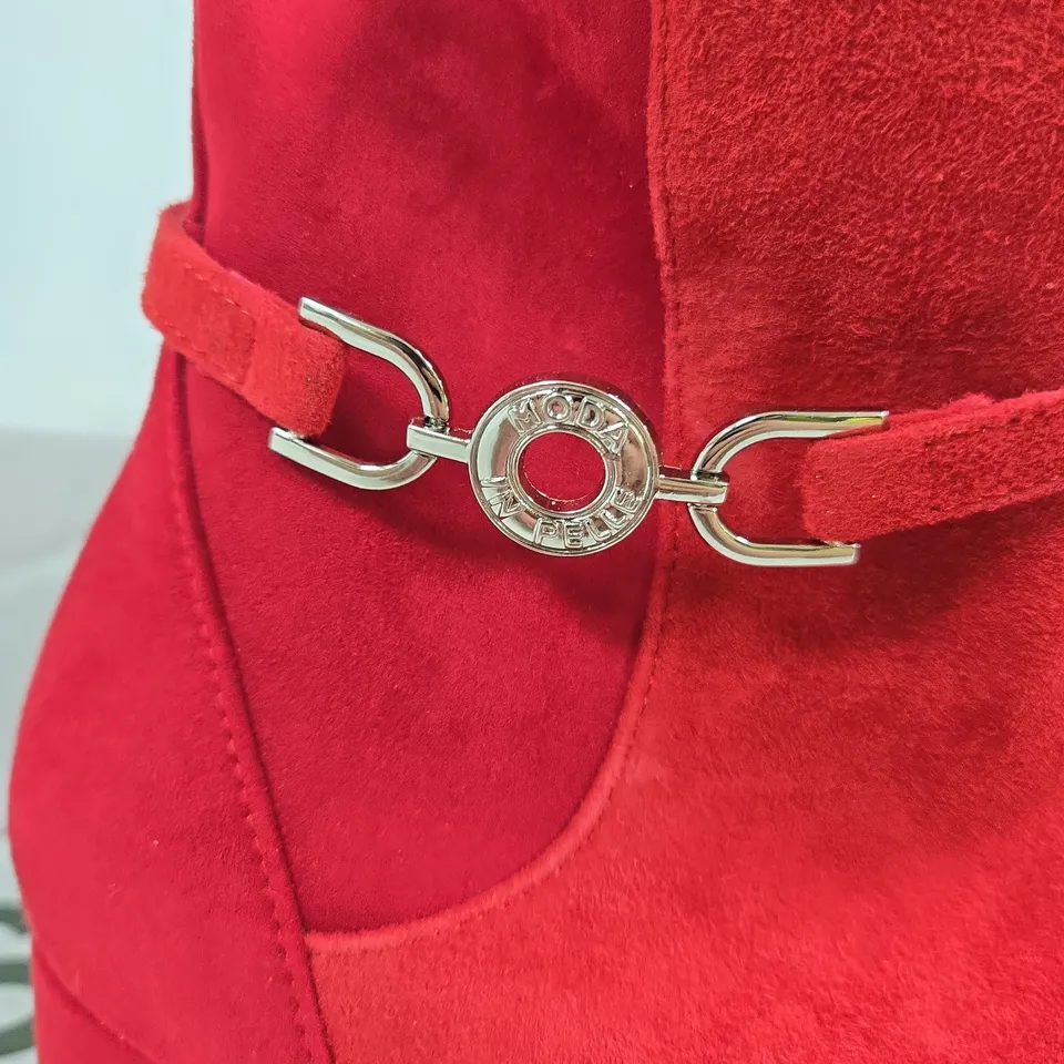 MODA IN PELLE RED SUEDE ANKLE BOOTS WITH SILVER CIRCULAR BUCKLE DETAIL UK 10