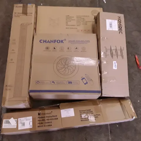 PALLET OF ASSORTED PRODUCTS INCLUDING 36" SMART TOWER FAN, BEDSIDE TABLE, HOMIDEC DRYING RACK, SMART CEILING FAN, DISPLAY STAND