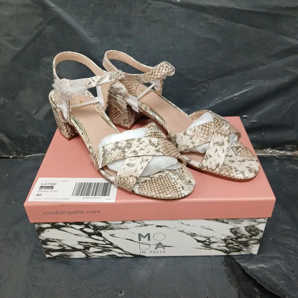 BOXED PAIR OF MODA IN PELLE WEDGE HEELS IN NATURAL SNAKE - SIZE 7 