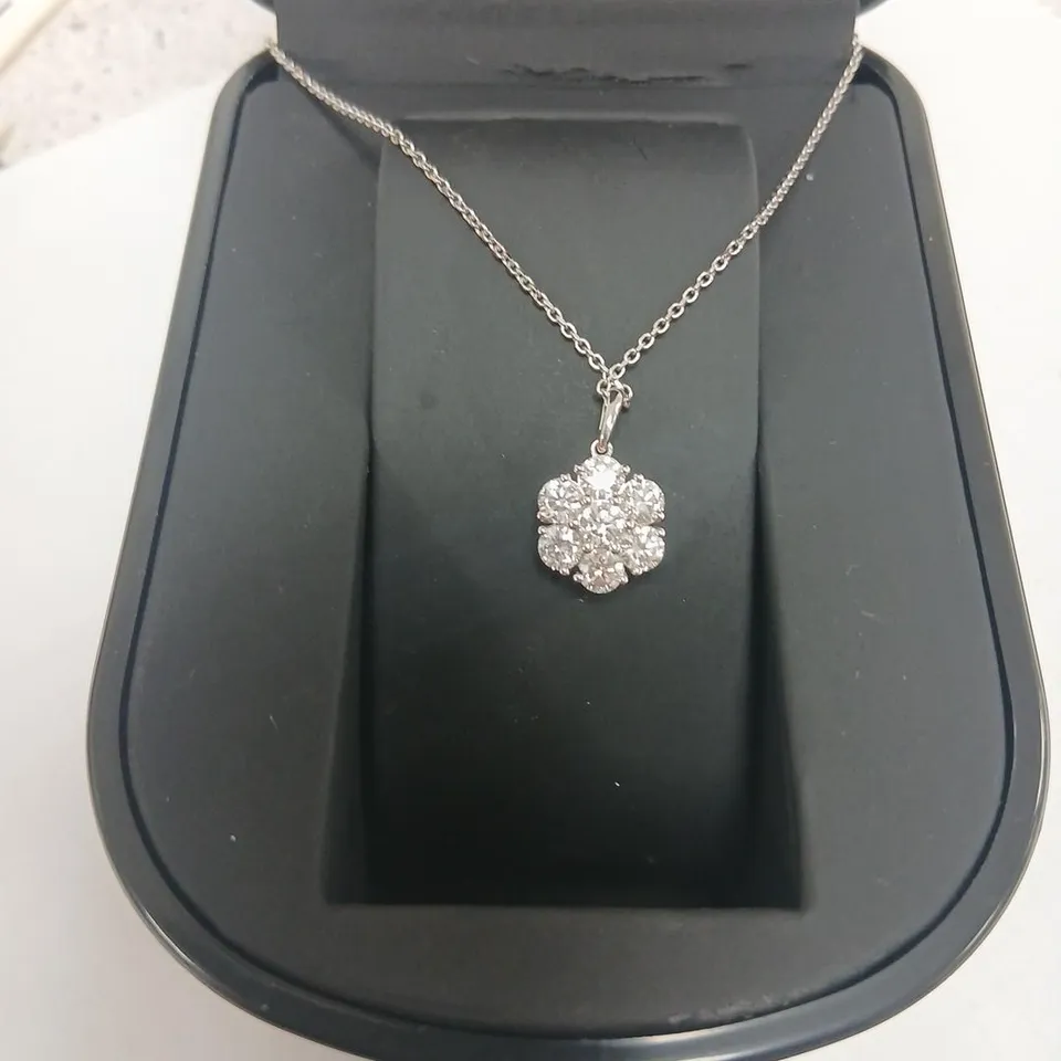 9CT WHITE GOLD CLUSTER PENDANT ON CHAIN SET WITH LAB GROWN DIAMONDS WEIGHING +1.53CT