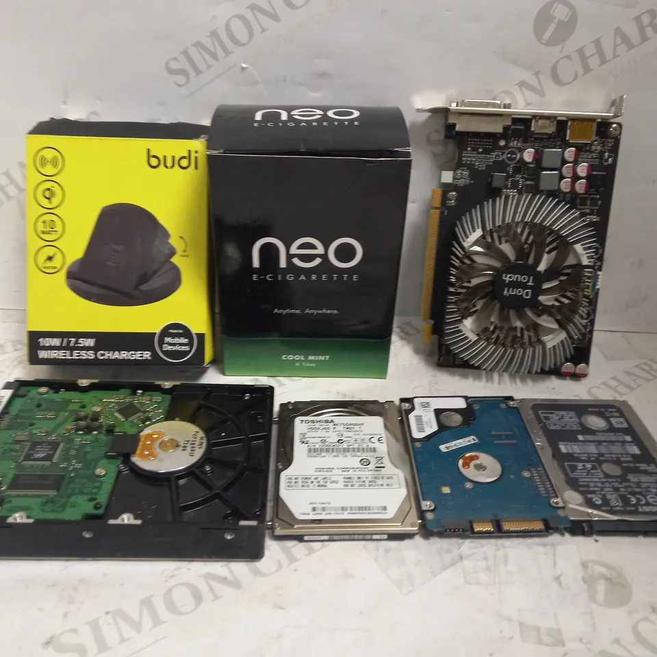 LOT OF 10 ASSORTED ELECTRICAL ITEMS, TO INCLUDE E-CIG TUBES, SSD, WIRELESS CHARGER, ETC