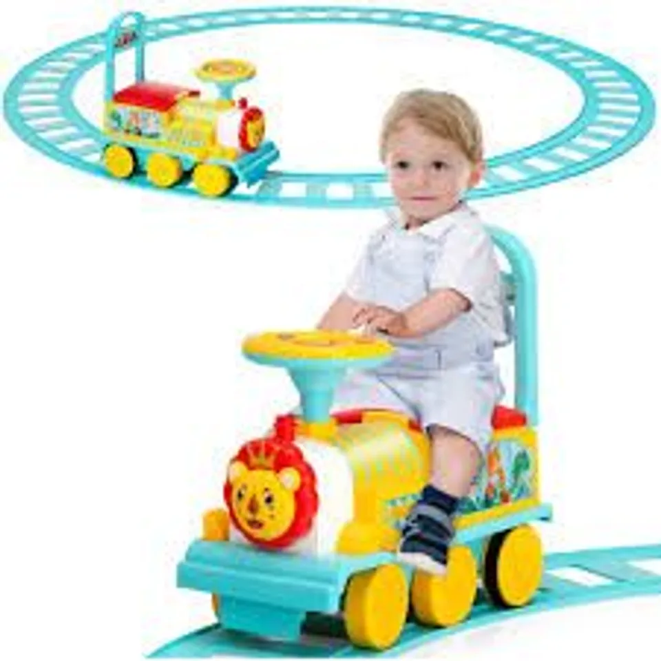 BOXED COSTWAY KIDS ELECTRIC RIDE ON TRAIN WITH TRACKS, STORAGE SEAT, FLASHING LIGHTS & MUSIC, 6V BATTERY POWERED RIDE ON TOY 
