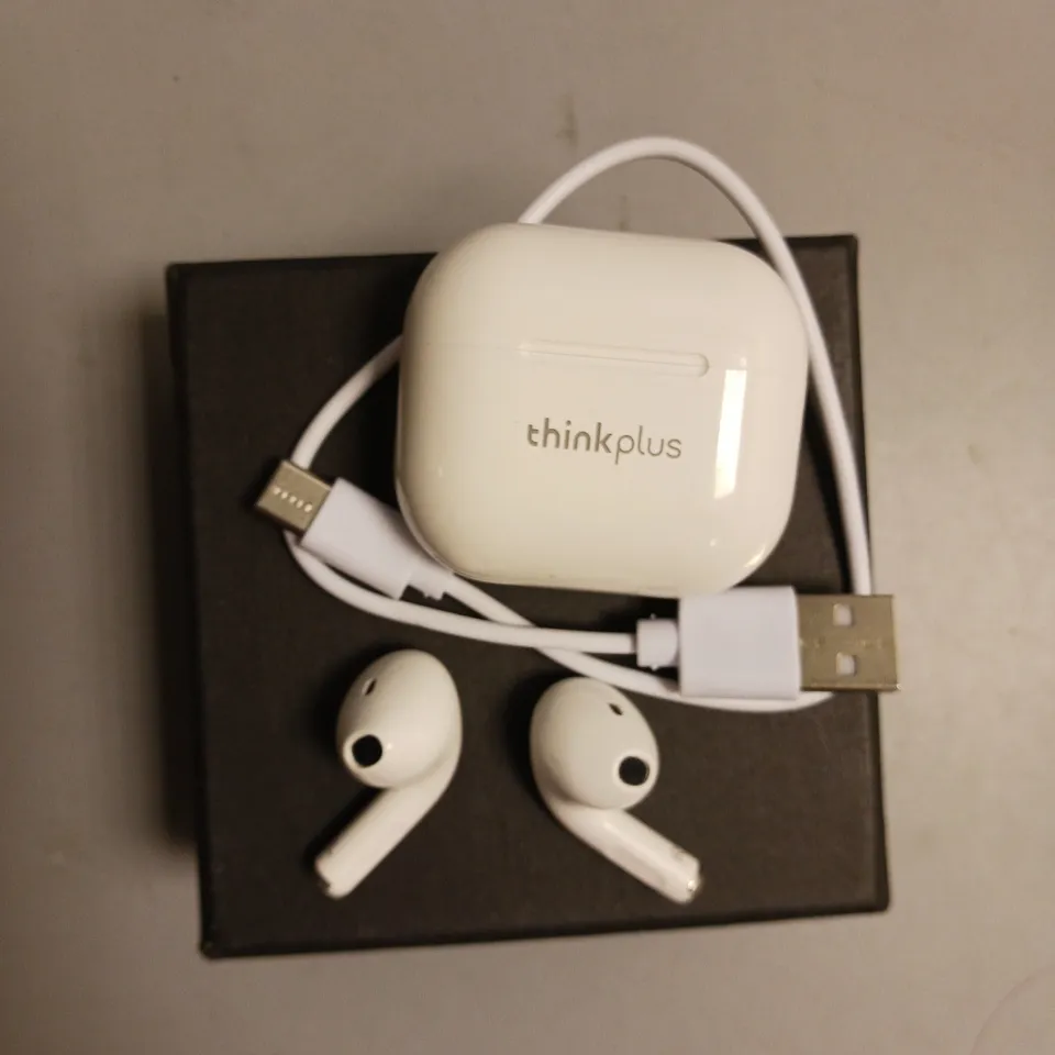 BOXED PAIR OF LENOVO EARBUDS IN WHITE INCLUDES CHARGING CASE AND CABLE