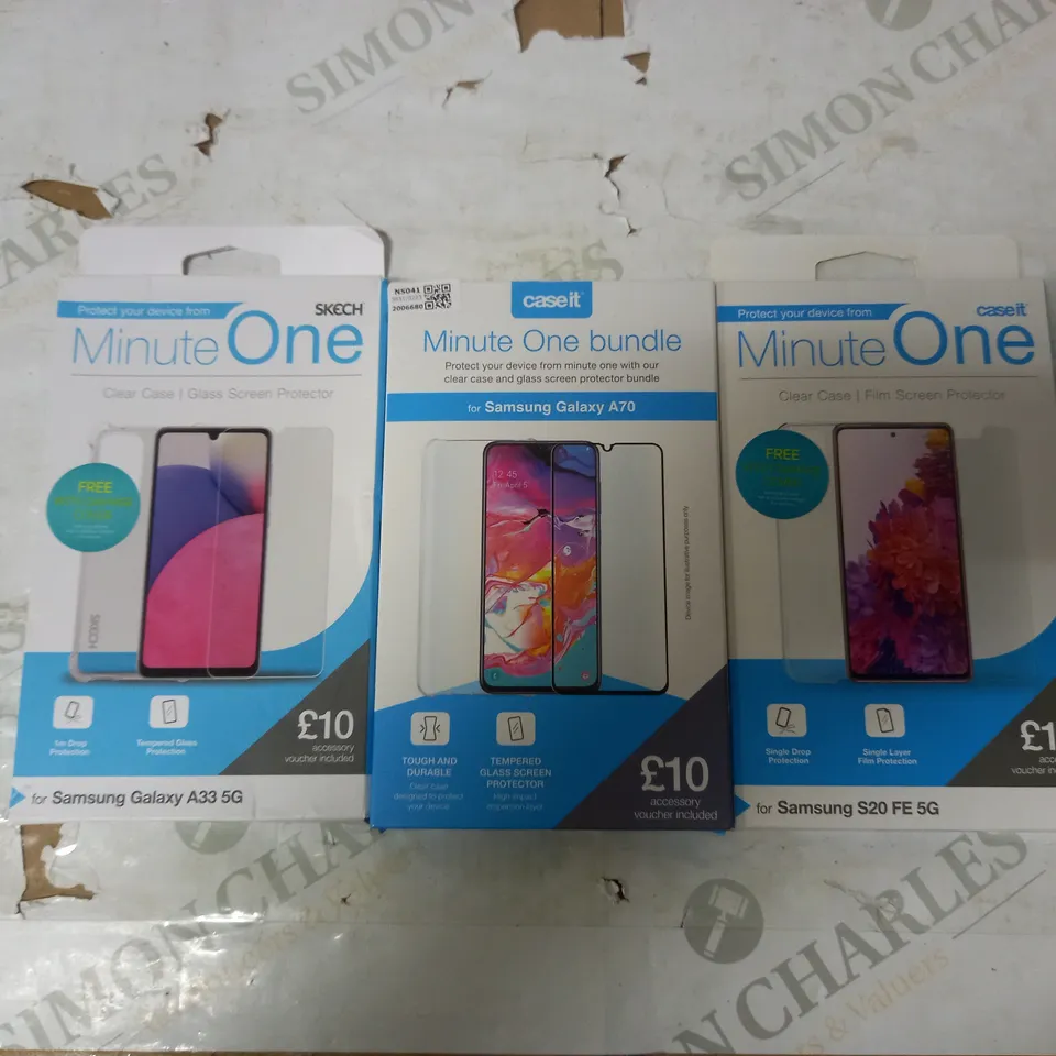 LOT OF 20 ASSORTED MINUTE ONE CLEAR CASE & SCREEN PROTECTOR KITS FOR SAMSUNG GALAXY A70, A33-5G AND S20-FE-5G