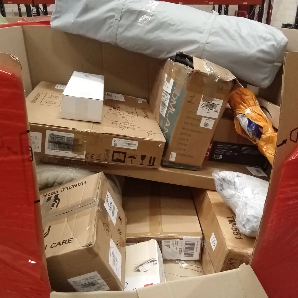 PALLET OF ASSORTED HOUSEHOLD GOODS AND PRODUCTS TO INCLUDE; AIR FRYER, CHEST OF DRAWERS, TOILET SEAT, KNITTING AID ETC