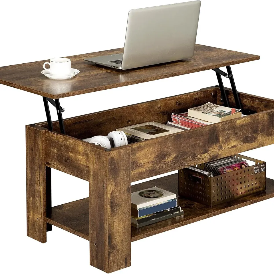 BOXED YAHEETECH LIFT TOP COFFEE TABLE WITH HIDDEN COMPARTMENT AND OPEN SHELF - RUSTIC BROWN (1 BOX)