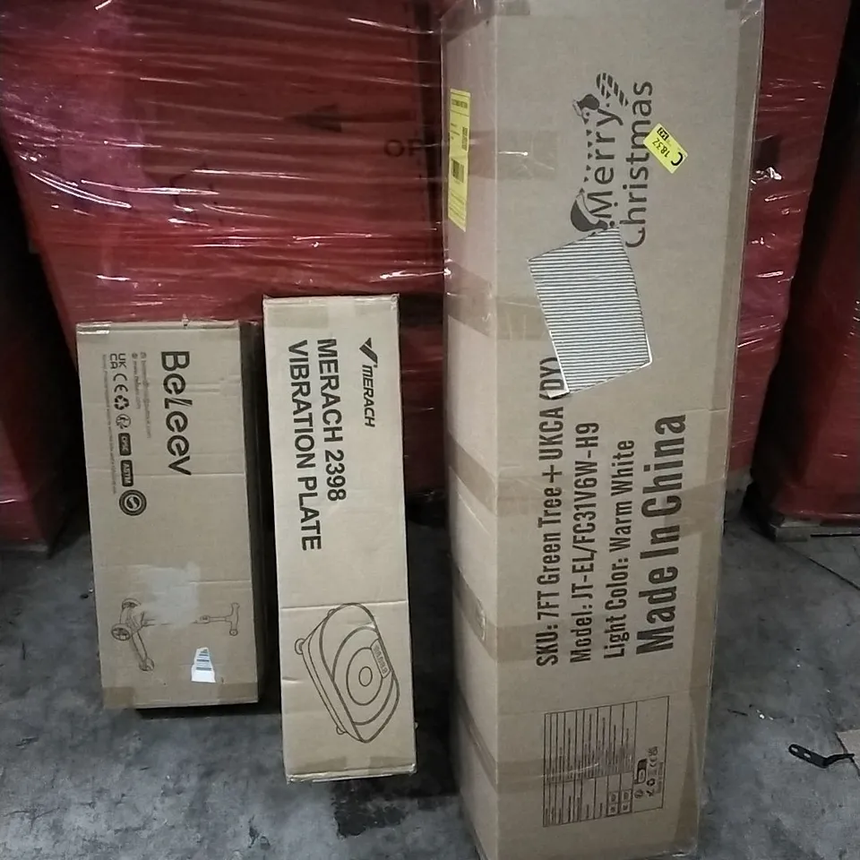 PALLET OF HOUSEHOLD ITEMS TO INCLUDE SCOOTER, VIBRATION PLATE,  7FT GREEN TREE, CHRISTMAS TREE AND OTHER ASSORTED ITEMS...