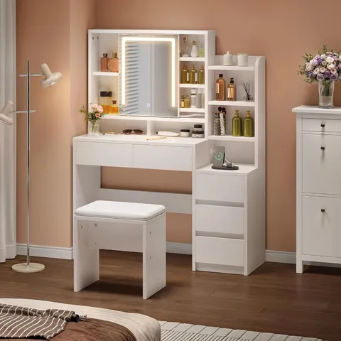 BOXED YITAHOME DRESSING TABLE WITH LED LIGHTING, 5 DRAWERS & MIRROR STOOL - WHITE
