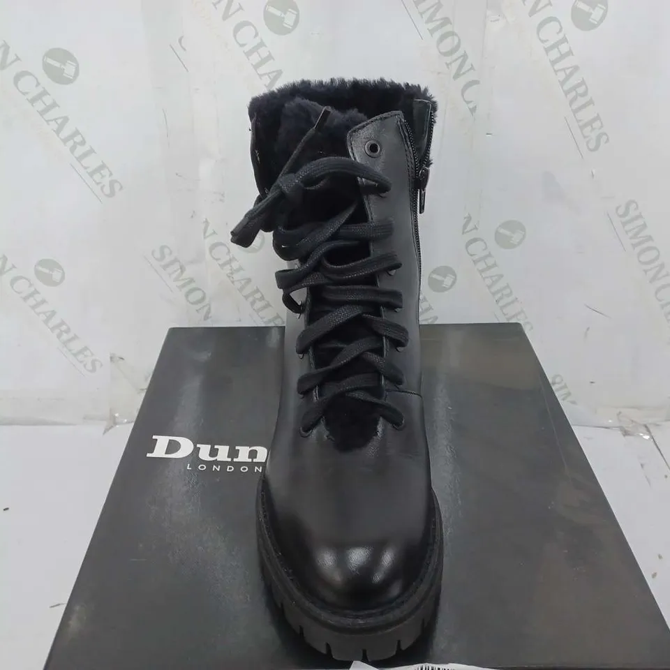 BOXED DUNE LONDON PERCH LACE UP BOOTS, BLACK - SIZE 8