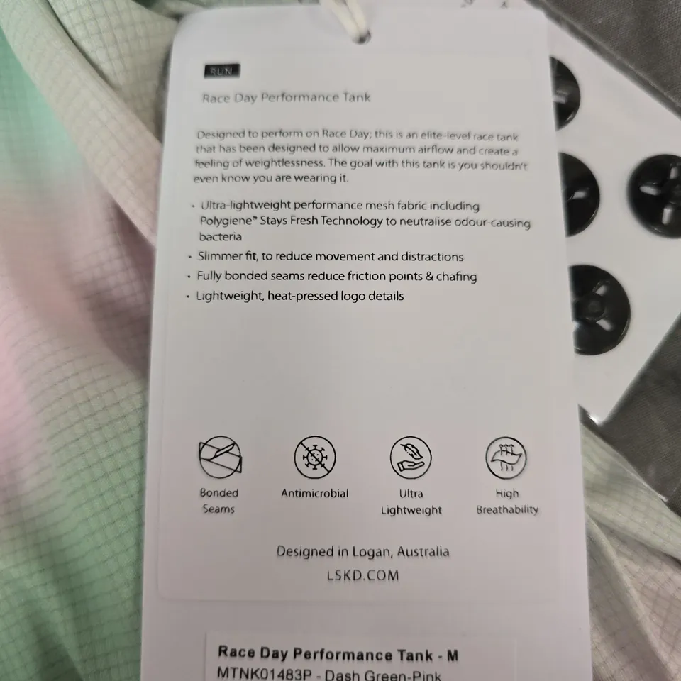 LSKD RACE DAY PERFORMANCE TANK – DASH GREEN-PINK, SIZE M