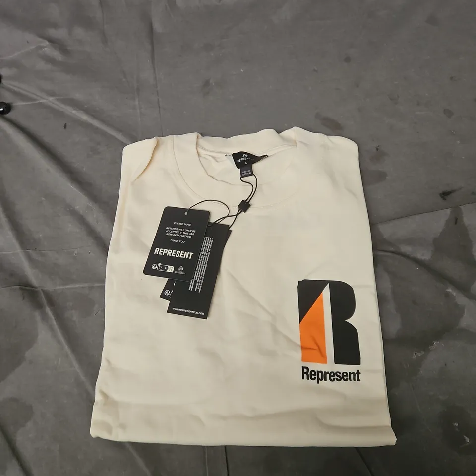 REPRESENT LOGO T-SHIRT – CREAM, UK SIZE L