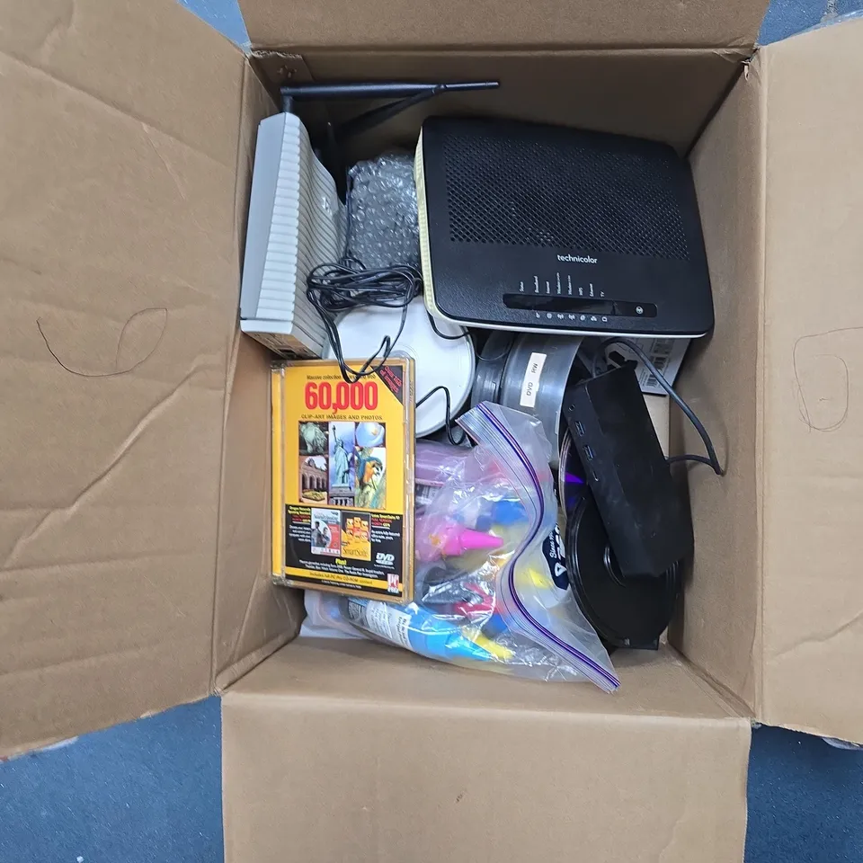 BOX OF APPROXIMATELY 10 ASSORTED ITEMS INCLUDING PRINTER INK AND CLIP ART DVD