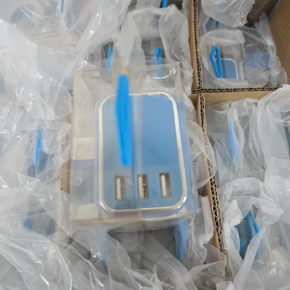 BOX OF APPROXIMATELY 75 EU PLUG 3 PORT USB WALL CHARGER 