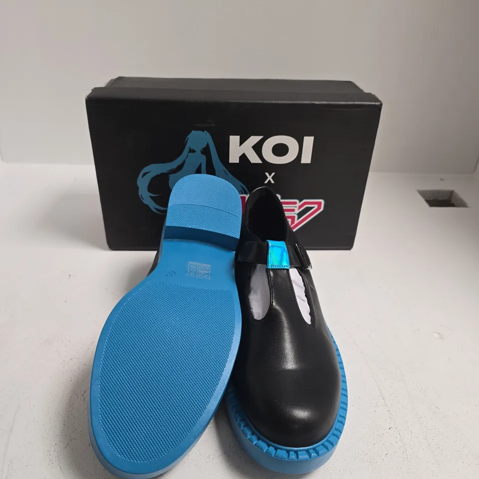 KOI X HATSUNE MIKU TALE MARY JANES SHOES – BLACK LEATHER WITH BLUE PLATFORM SOLE UK SIZE 10