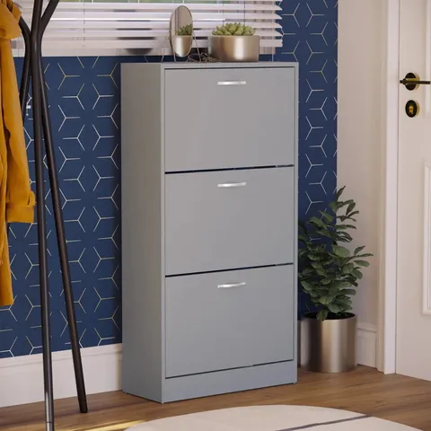 BOXED 3 DRAWER FLIP DOWN SHOE STORAGE FREE STANDING CABINET FOR HALLWAY - GREY (1 BOX)