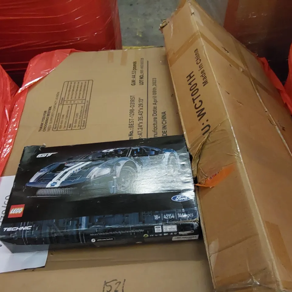 PALLET OF ASSORTED ITEMS INCLUDING: SHELVES DESK, TV STAND CABINET, LEGO CAR