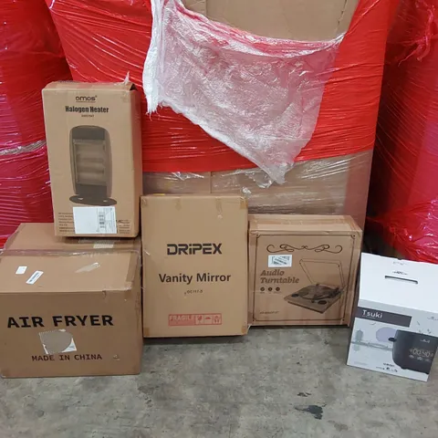 PALLET OF ASSORTED ITEMS INCLUDING: AIR FRYER, HALOGEN HEATER, AUDIO TURNTABLE, MINI RICE COOKER, VANITY MIRROR 