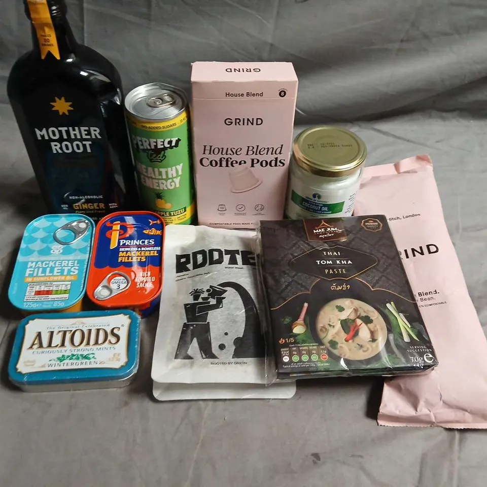 APPROXIMATELY 10 ASSORTED FOOD ITEMS TO INCLUDE - MACKEREL FILLETS, MOTHER ROOT AND GRIND COFFEE - COLLECTION ONLY 