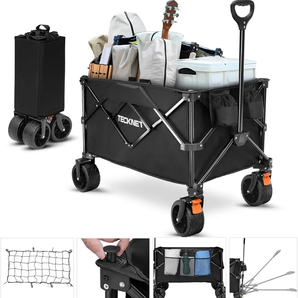 BOXED TECKNET FOLDING FESTIVAL CAMPING TROLLEY CART ON WHEELS BRAKES, FOLDABLE WAGON 180L/150KG