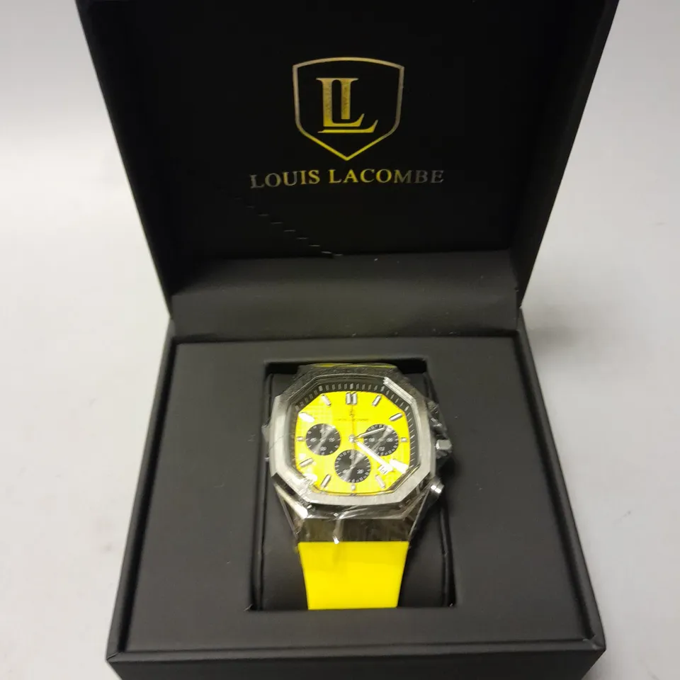 MENS LOUIS LACOMBE YELLOW DIAL CHRONGRAPH WATCH WITH 3 SUB DIALS AND STAINLESS STEEL CASE WITH YELLOW RUBBER STRAP IN GIFT BOX