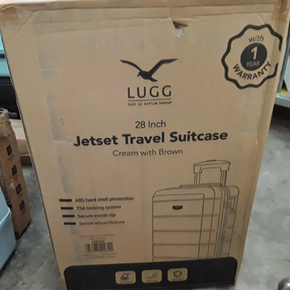 BOXED KEPLIN LUGG 28 INCH JET SET TRAVEL SUITCASE CREAM AND BROWN COLOUR