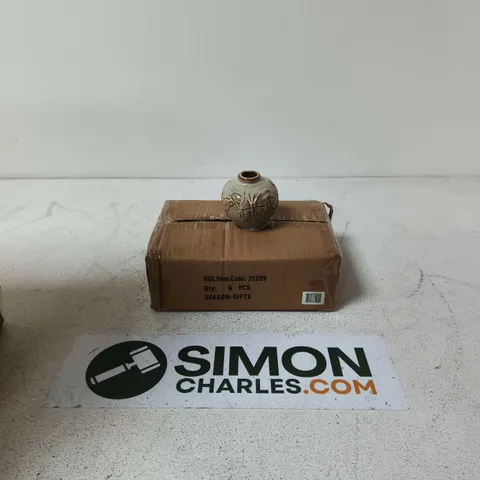 BOX OF APPROXIMATELY 36 SMALL TAUPE BUTTERFLY PATTERN VASE