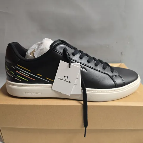 BOXED PAIR OF PAUL SMITH REX BLACK LEATHER TRAINERS - UK 10