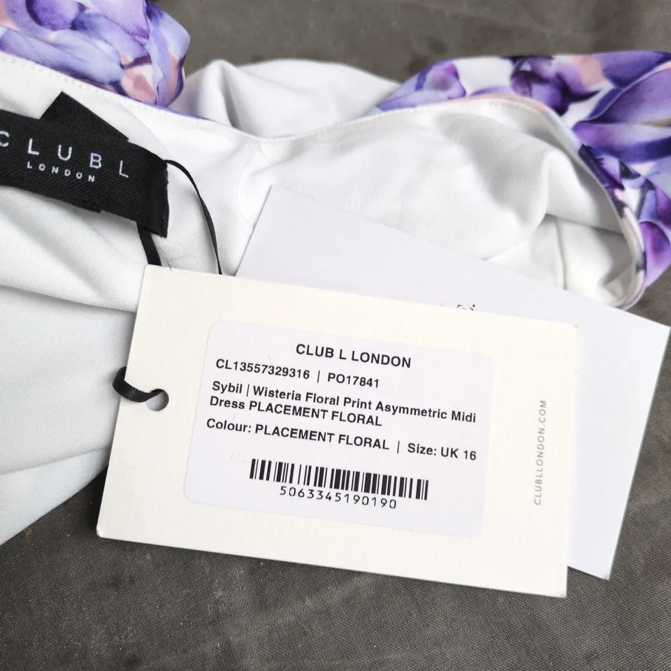 CLUB L LONDON SYBIL WISTERIA FLORAL PRINT ASYMMETRIC MIDI DRESS – UK 16