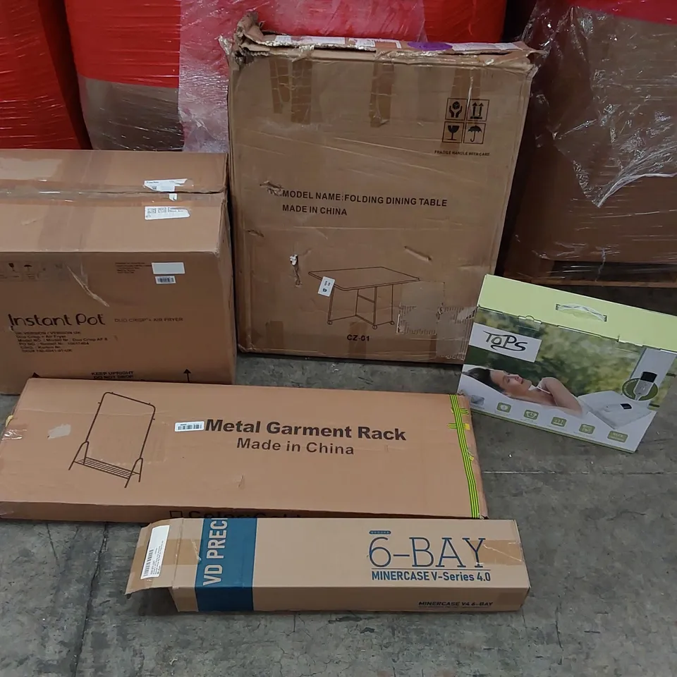 PALLET OF ASSORTED ITEMS INCLUDING: FOLDING DINING TABLE, INSTANT POT AIR FRYER, ELECTRIC BLANKET, GPU MINING CASE, METAL GARMENT RACK