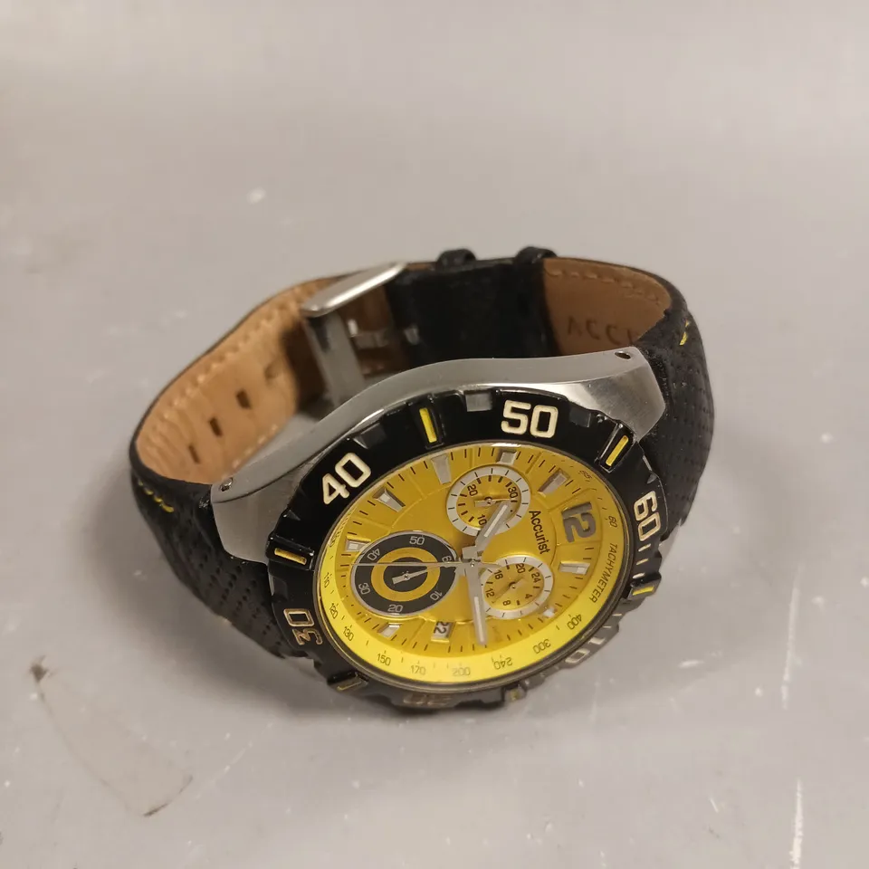 ACCURIST BLACK LEATHER STRAP YELLOW CHRONOGRAPH DIAL WATCH 