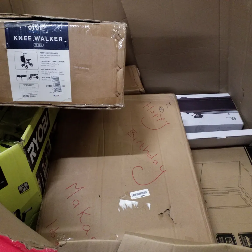 PALLET OF ASSORTED PRODUCTS INCLUDING KNEE WALKER, TOWER PC CASE, TURNTABLE SYSTEM