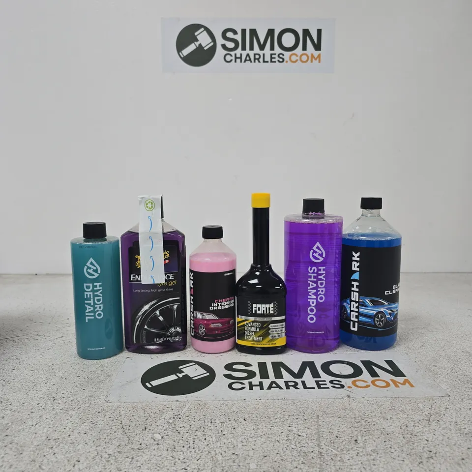 APPROXIMATELY 10 ASSORTED ITEMS INCLUDING HYDRO DETAIL, MEGUARS ENDURANCE TYRE GEL AND CAR SHARK INTERIOR DRESSING